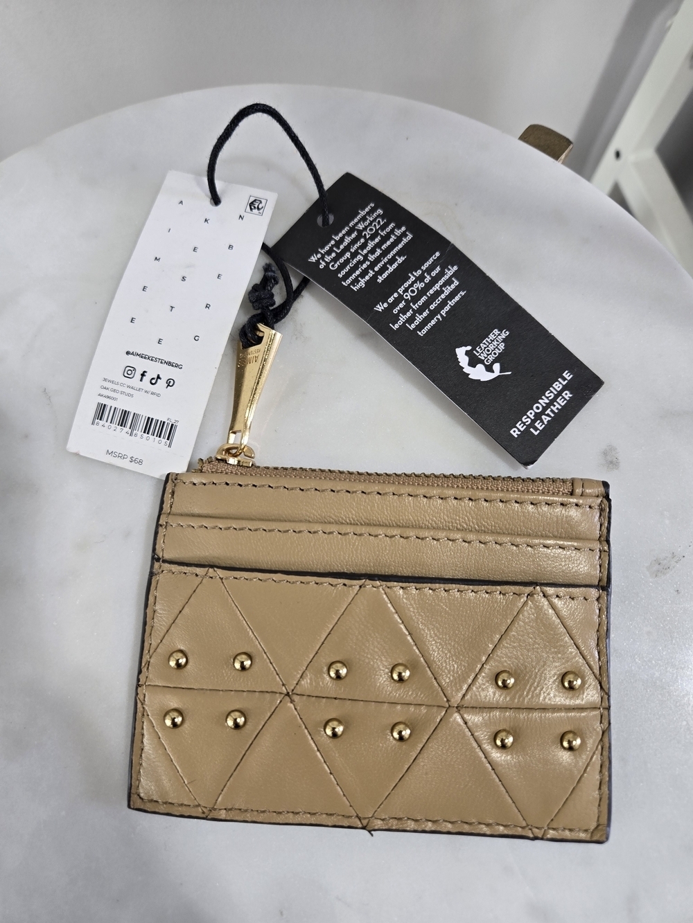 Aimee Kestenberg Tan Quilted Leather Cardholder with Gold Studs